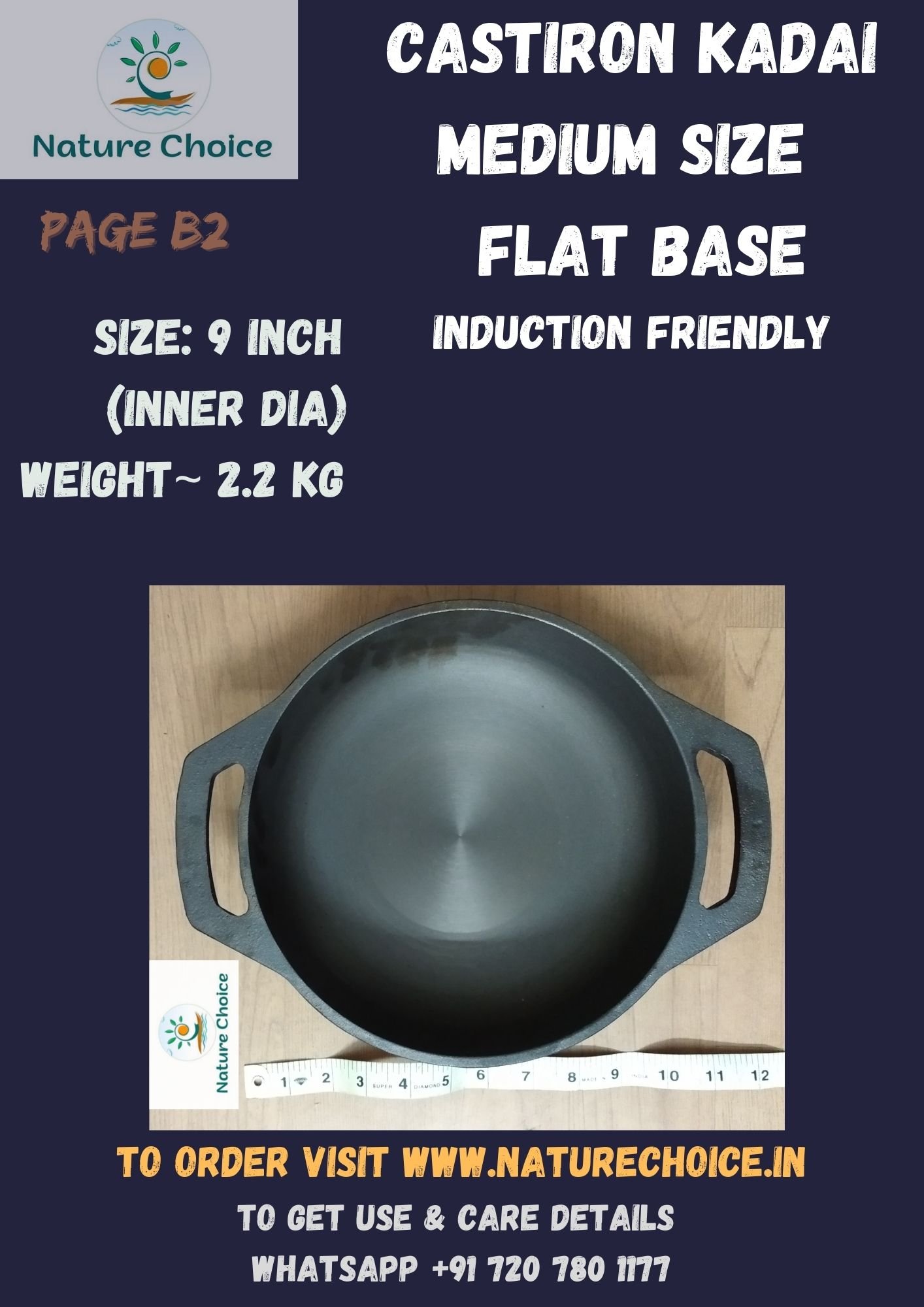 Cast Iron Kadai Medium size Induction friendly 9 and 11 inch size - 9 Inch
